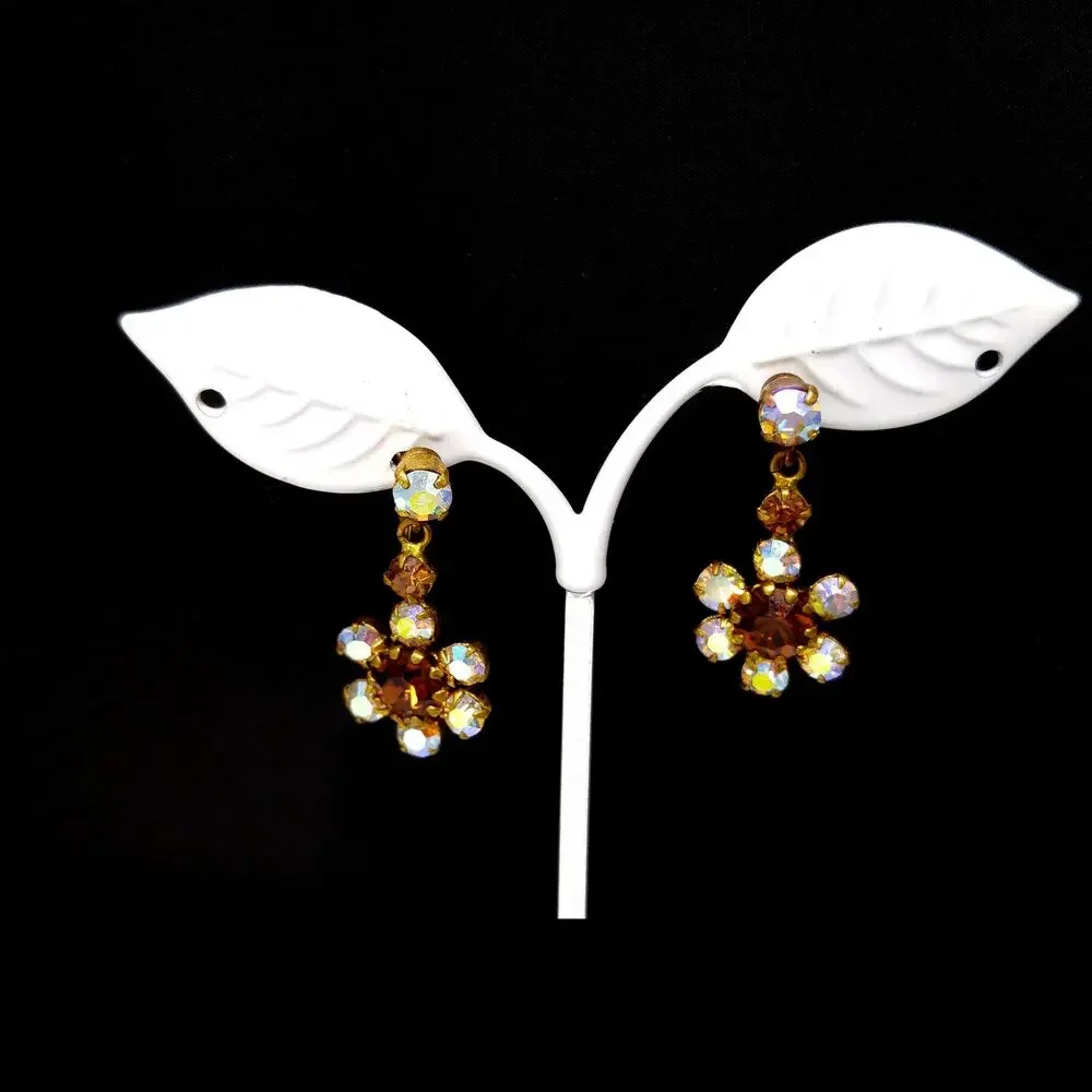 Vintage AB Rhinestone Drop Earrings, Gold Tone Screw Backs, 1950s Jewelry